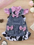 Cow Print Shirt Top + Bow Denim Suspender Shorts