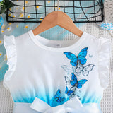 Butterfly Pattern Flounced Sleeve Dress + Belt