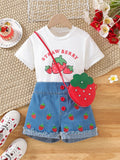 round Neck Printed Short T + Strawberry Printed Denim Shorts + Bag