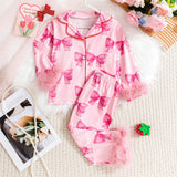 Girls' Bow Print Long-Sleeved Homewear Suit
