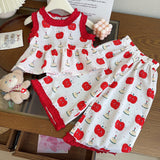 Cartoon Apple Printed Top-+ Shorts + Trousers Three-Piece Set