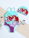 Mermaid Printed Swimsuit + Mermaid Swimming Cap