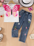 Butterfly Print Top + Flower Strawberry Embroidered Trousers