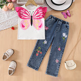 Butterfly Print Top + Flower Strawberry Embroidered Trousers