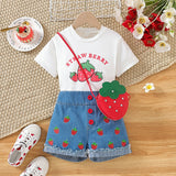 round Neck Printed Short T + Strawberry Printed Denim Shorts + Bag