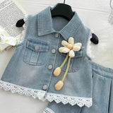 Little Girl's Fashionable Lace Vest Sleeveless Two-Piece Suit