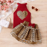 Heart Leopard Print Halter Top + Leopard Print Cake Skirt Set