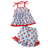 Cherry Printed Suspender Top + Lace Shorts Two-Piece Set