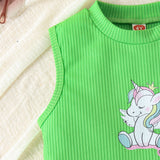 Unicorn Printed Vest + Denim Skirt + Bag