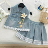 Little Girl's Fashionable Lace Vest Sleeveless Two-Piece Suit