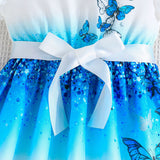 Butterfly Pattern Flounced Sleeve Dress + Belt