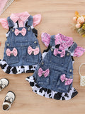 Cow Print Shirt Top + Bow Denim Suspender Shorts