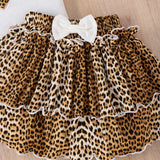 Leopard Print Heart Printing Vest Bow Lace Cake Dress Suit