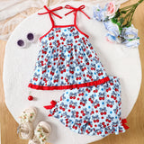 Cherry Printed Suspender Top + Lace Shorts Two-Piece Set