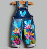 Lucky Sale-Children's blue overalls with heart and lotus flower design