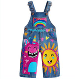 Lucky sale-Children's cartoon overalls featuring a rainbow, sun, and little monster.