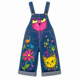 Lucky sale-Children's Colorful Doodle Cat & Flower Print Overalls
