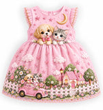 Lucky Sale-Children's pink kitten and puppy driving in the garden pattern dress