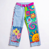 Lucky sale-Children's colorful doodle-print pants featuring sunflowers and smiley faces.