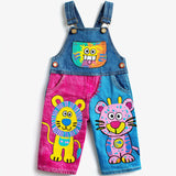 Lucky sale-Children's colorful cartoon-style doodle print overalls featuring mice and lions.