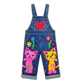 Lucky sale-Children's colorful doodle-style overalls featuring two kittens and hearts
