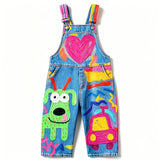 Lucky sale-Children's overalls featuring a playful puppy and car doodle print.