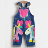 Lucky sale-Children's pink overalls featuring a cartoon unicorn and heart pattern.