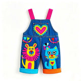 Lucky Sale-Children's Colorful Cartoon Lion & Cat Print Overalls with Heart Motifs