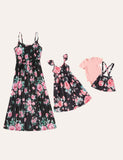 Family Matching All Over Floral Print Spaghetti Strap Midi Dresses and Splicing T-Shirt Sets