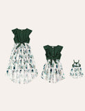 Family Matching Button Design Flutter Sleeves Bow Belted Splicing Floral Print Dress
