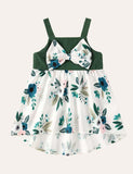 Family Matching Button Design Flutter Sleeves Bow Belted Splicing Floral Print Dress - CCMOM