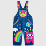 Lucky sale-Children's colorful cartoon overalls featuring small animals, clouds, and rainbows