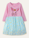 Rabbit Flower Printed Mesh Long Sleeve Dress