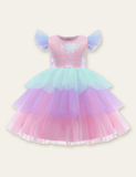 Rainbow Mesh Flounced Sleeve Party Dress