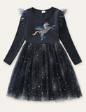 Sequined Unicorn Embroidered Long Sleeve Dress