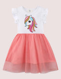 Toddler Girl Cartoon Unicorn Applique Flutter Sleeves Splicing Mesh Dress