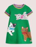 Toddler Girl Cute Cat Appliqu¡§| Rainbow Cuffs Short Sleeves Dress