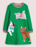 Toddler Girl Cute Cat Appliqu¡§| Rainbow Cuffs Short Sleeves Dress - CCMOM