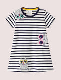 Toddler Girl Cute Cat Appliqu¡§| Stripe Short Sleeves Dress
