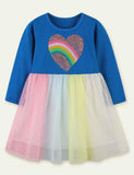 Toddler Girl Rainbow Love Sequined Long Sleeve Splicing Color Mesh Dress