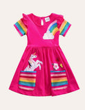Toddler Girl Rainbow Unicorn Appliqu¡§| Dress With Pocket