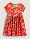 Toddler Girl Strawberry Full Printed Short Sleeves 100% Cotton Splice Dress