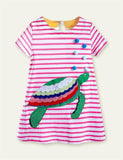 Toddler Girl Turtle Appliqu¡§| Short-Sleeved Striped Dress