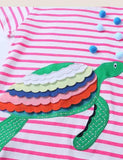 Toddler Girl Turtle Appliqu¡§| Short-Sleeved Striped Dress - CCMOM