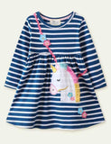 Toddler Girl Unicorn Embroidered Long Sleeve Stripe Splice Dress